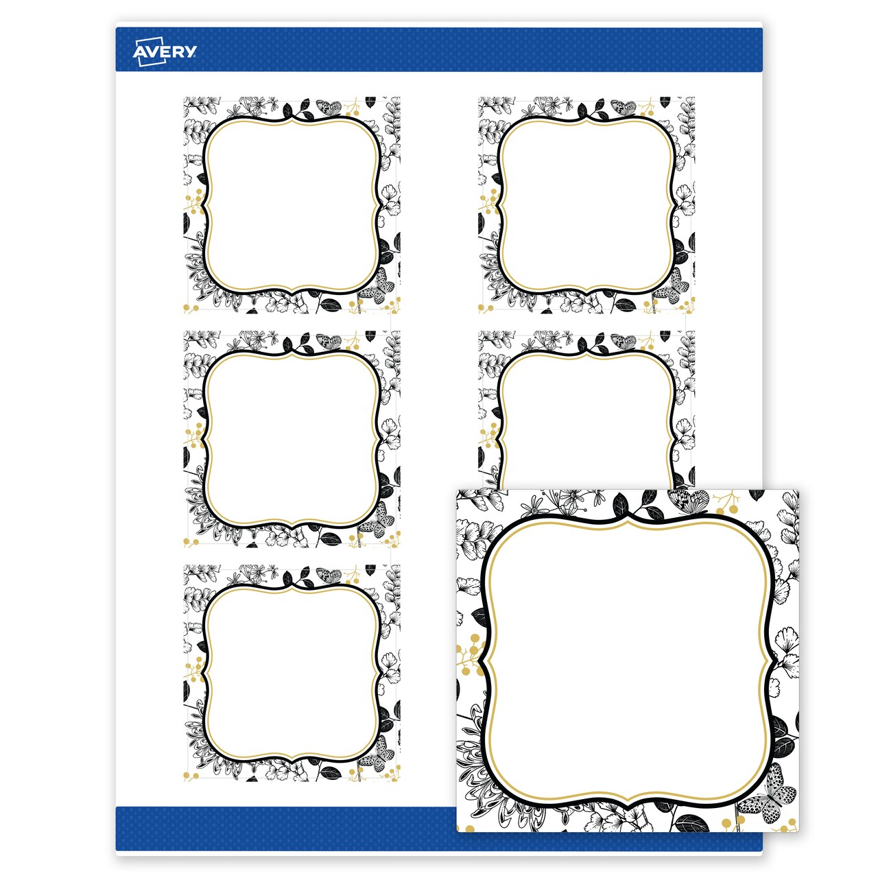 Avery Printable Square Labels, 3" x 3", Matte White, Pre-printed Flourished Gold & Black Florals Design, Sure Feed Technology, Laser & Inkjet Compatible, 120 Total